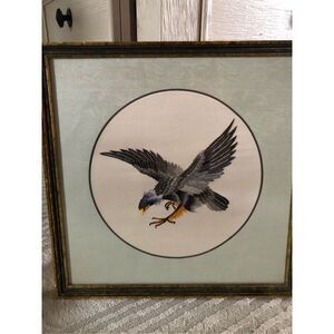 Vintage Asian Silk Embroidery Eagle Framed Art Gold Thread 12in